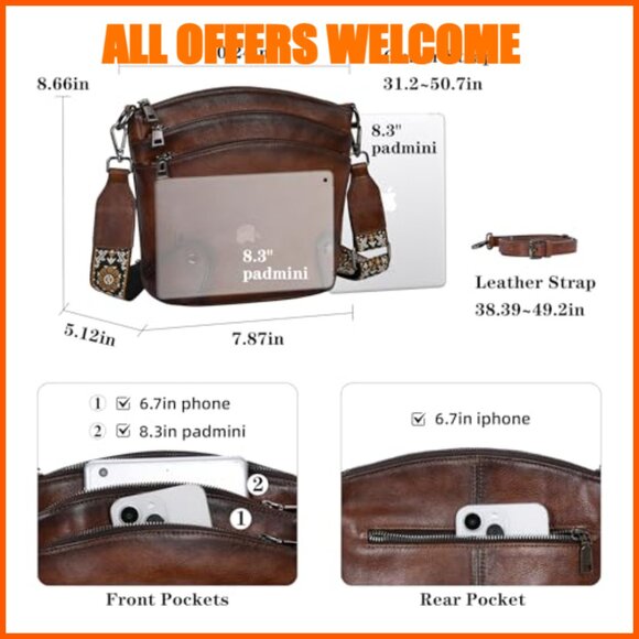 Leather Crossbody Bag with Adjustable Straps and Multiple Pockets - Picture 4 of 7